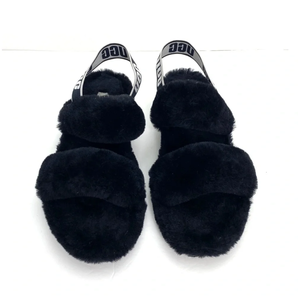 Ugg Oh Yeah Fur Double Strap Flat Sandals In Black Size 10